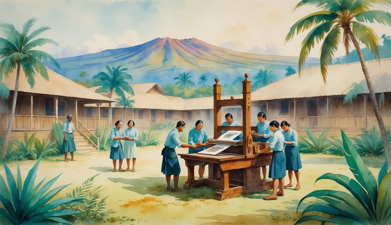 A group of people gathered around a wooden printing press outdoors with tropical plants and mountains in the background.