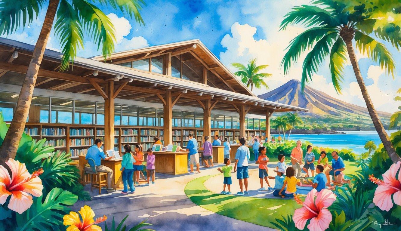 A Hawaiian library surrounded by tropical plants with people reading and attending an outdoor event under palm trees, mountains and ocean visible in the distance.