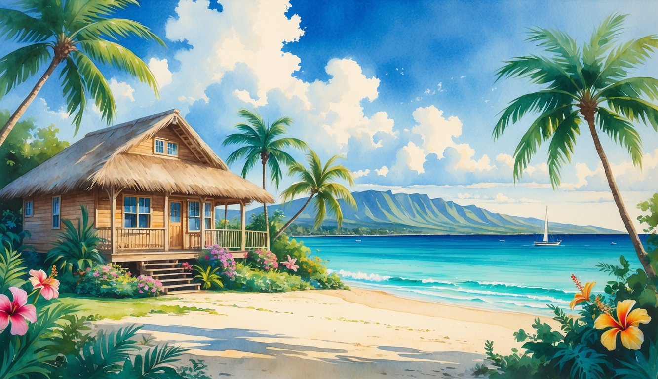 A tropical beach house surrounded by palm trees and flowers near a calm ocean with distant mountains and a sailboat on the water.