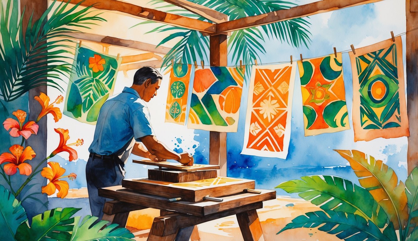 An artist carving a wooden printing block surrounded by colorful Hawaiian prints and tropical plants in an open-air studio.