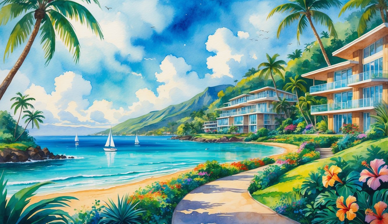 A colorful scene showing beachfront homes, modern condos, and mountain cabins surrounded by palm trees, tropical gardens, and a calm ocean with sailboats.