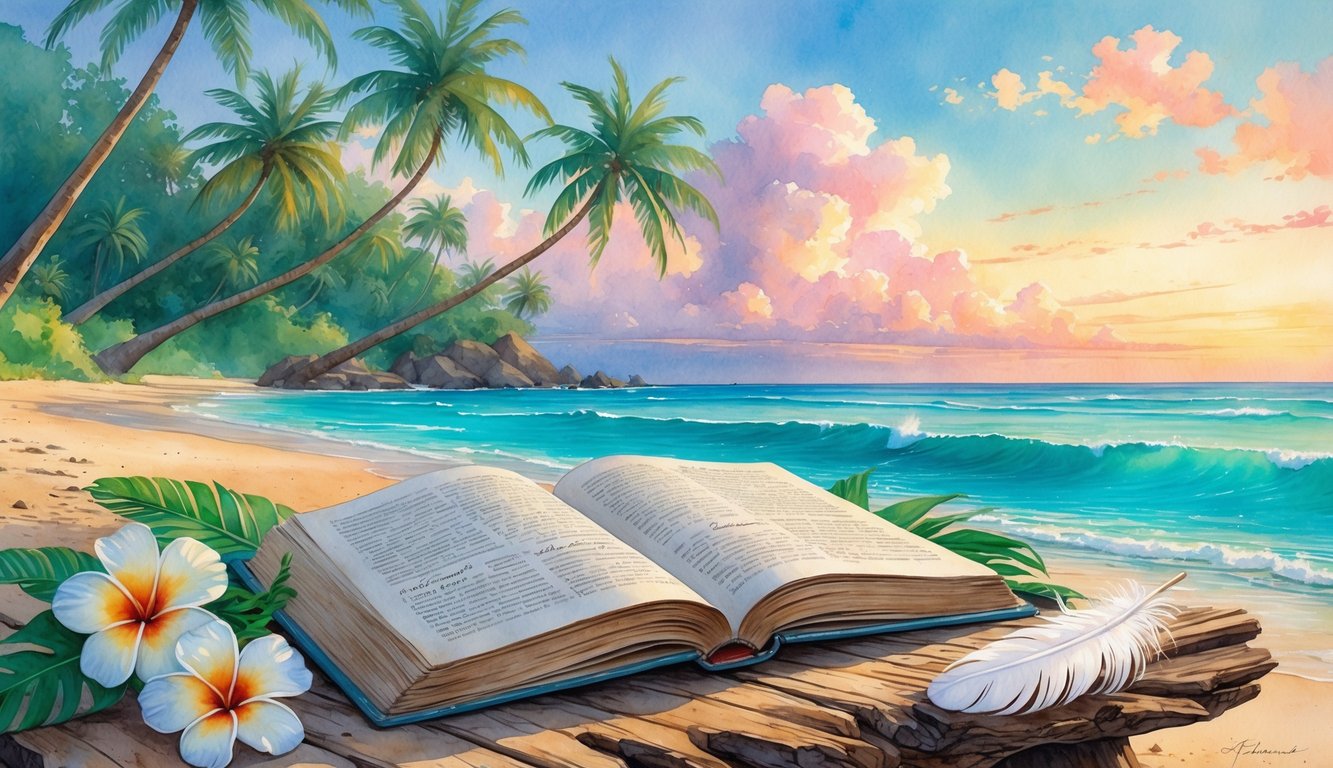 A peaceful Hawaiian beach at sunrise with an open book on a wooden table surrounded by native flowers and palm trees by the ocean.