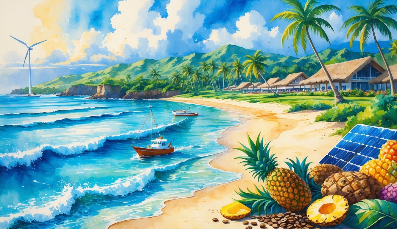A tropical Hawaiian coastline with palm trees, a fishing boat on the ocean, fresh pineapples and coffee beans on the shore, a resort in the background, and wind turbines and solar panels integrated into the landscape.