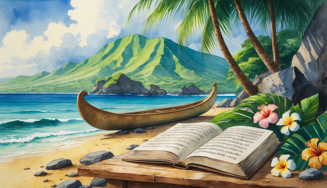 A peaceful Hawaiian coastal scene with mountains, ocean, a wooden canoe, ancient stone carvings, an open old book, and tropical flowers on a table near palm trees.