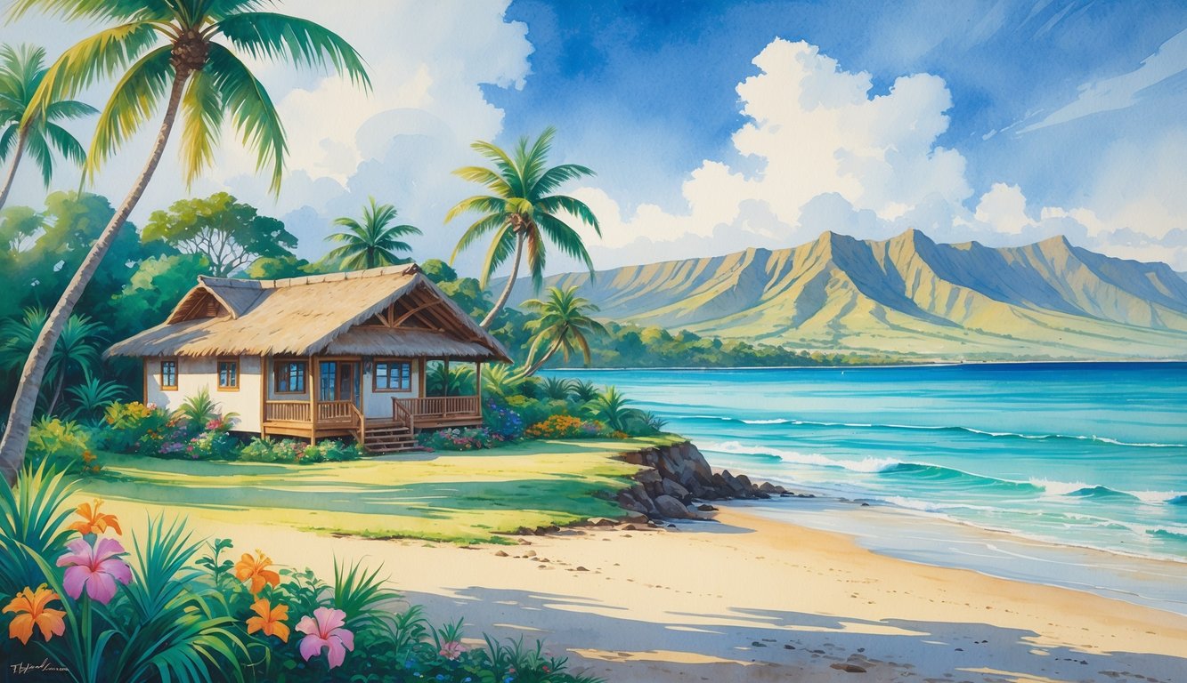 A traditional Hawaiian house near a sandy beach with palm trees, ocean waves, and volcanic mountains in the background.