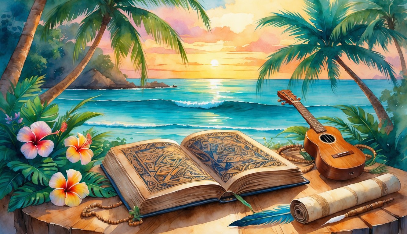 A peaceful Hawaiian beach scene with tropical flowers, palm trees, an open ancient book, a ukulele, and traditional Hawaiian items on a wooden table near the shore at sunset.