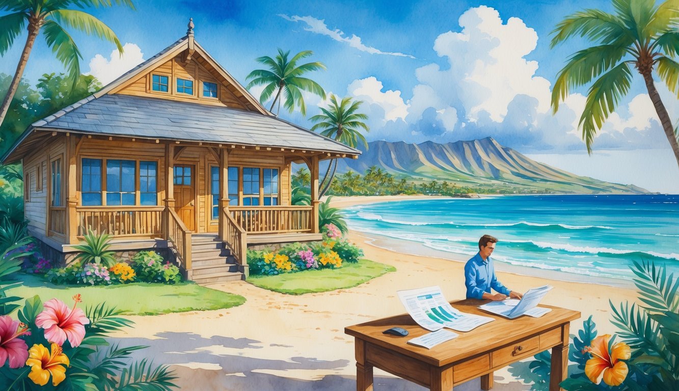 A tropical Hawaiian house near the beach with palm trees, a person reviewing papers at a table, and mountains in the background.