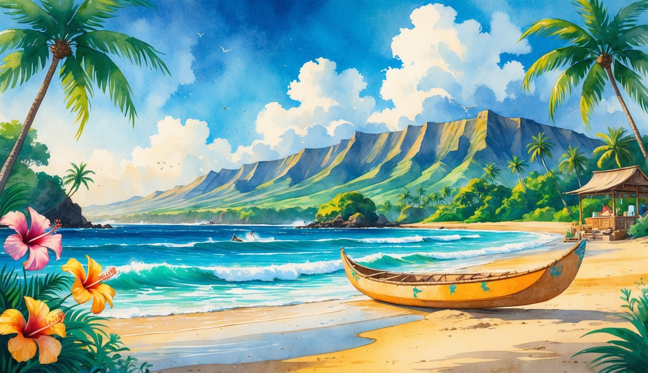 A beach in Hawaii with palm trees, tropical flowers, a canoe on the sand, mountains in the background, and people surfing, hiking, and shopping at a market.