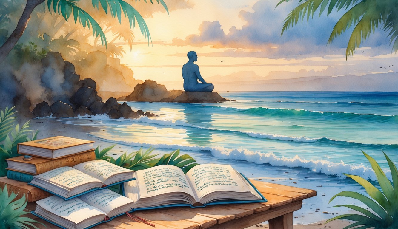 A peaceful Hawaiian coastal scene with a wooden table holding open books, tropical plants, and a seated elder figure looking toward the ocean.