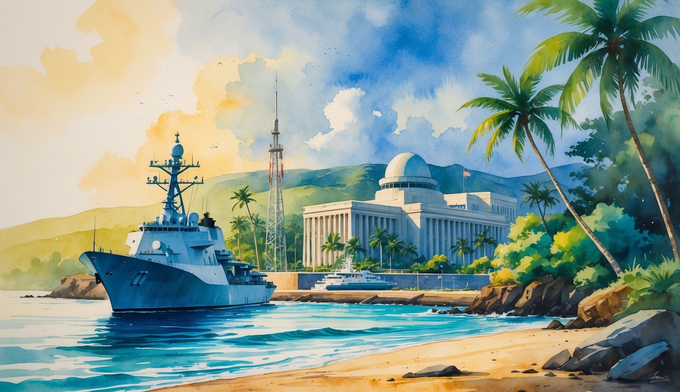 A coastal Hawaiian scene with a naval ship near the shore, a government building surrounded by tropical trees, and communication towers in the background.