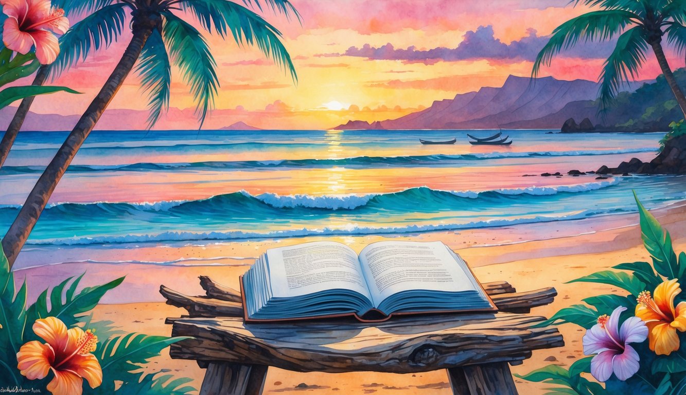 A peaceful Hawaiian beach at sunset with tropical flowers, an open book on a wooden table, calm ocean waves, canoes, and distant mountains.