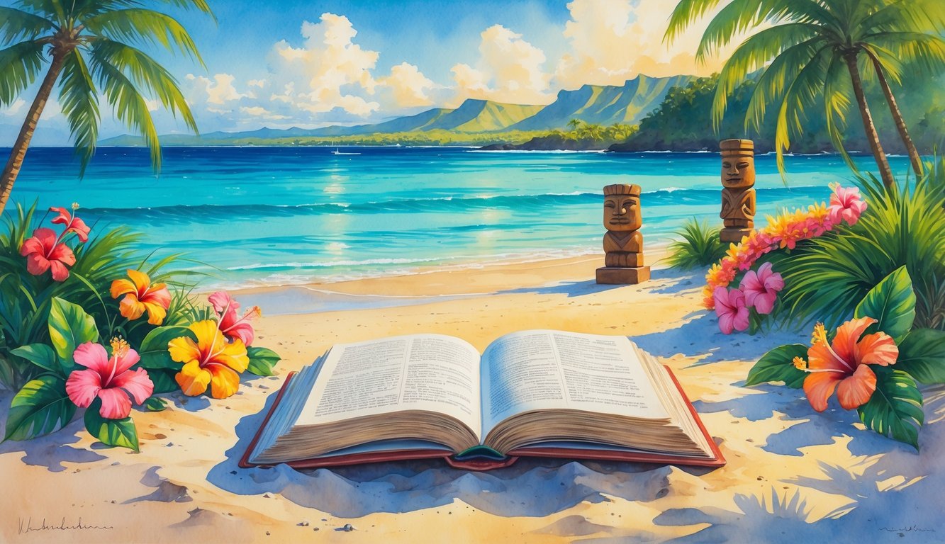 A peaceful Hawaiian beach with an open book on the sand surrounded by tropical flowers, palm trees, ocean waves, and distant mountains.