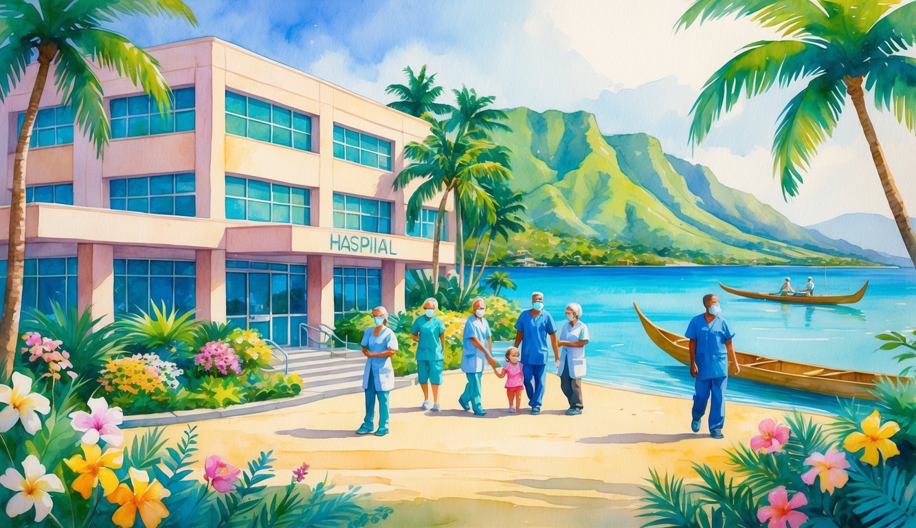 A hospital surrounded by tropical plants and healthcare workers helping patients with mountains and ocean in the background.