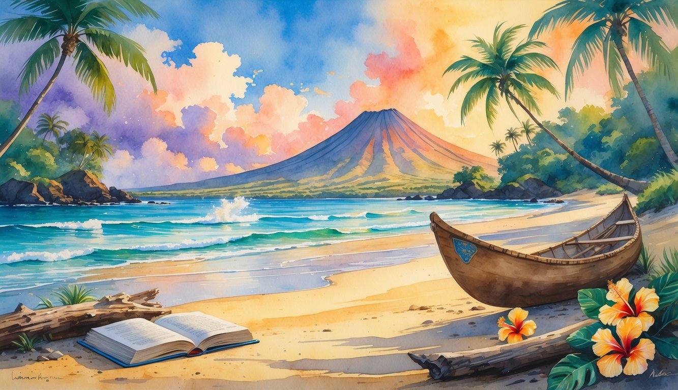 A peaceful Hawaiian beach scene with palm trees, a mountain in the background, an open book on driftwood, hibiscus flowers, and a small canoe at the shore.