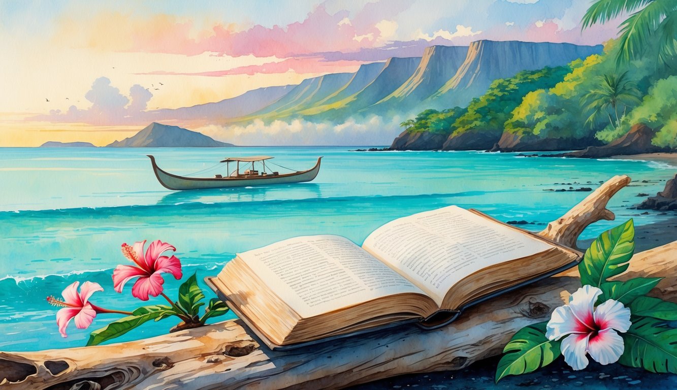 A peaceful Hawaiian beach at sunrise with an open book on driftwood, native flowers nearby, a canoe on calm water, and mountains in the background.