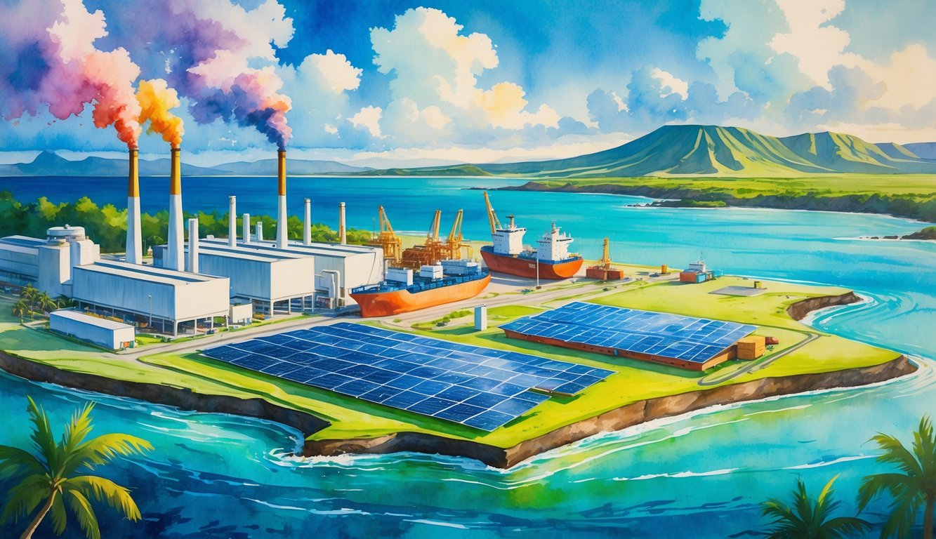 A coastal industrial scene in Hawaii showing factories, cargo ships, solar panels, palm trees, ocean, and volcanic mountains.