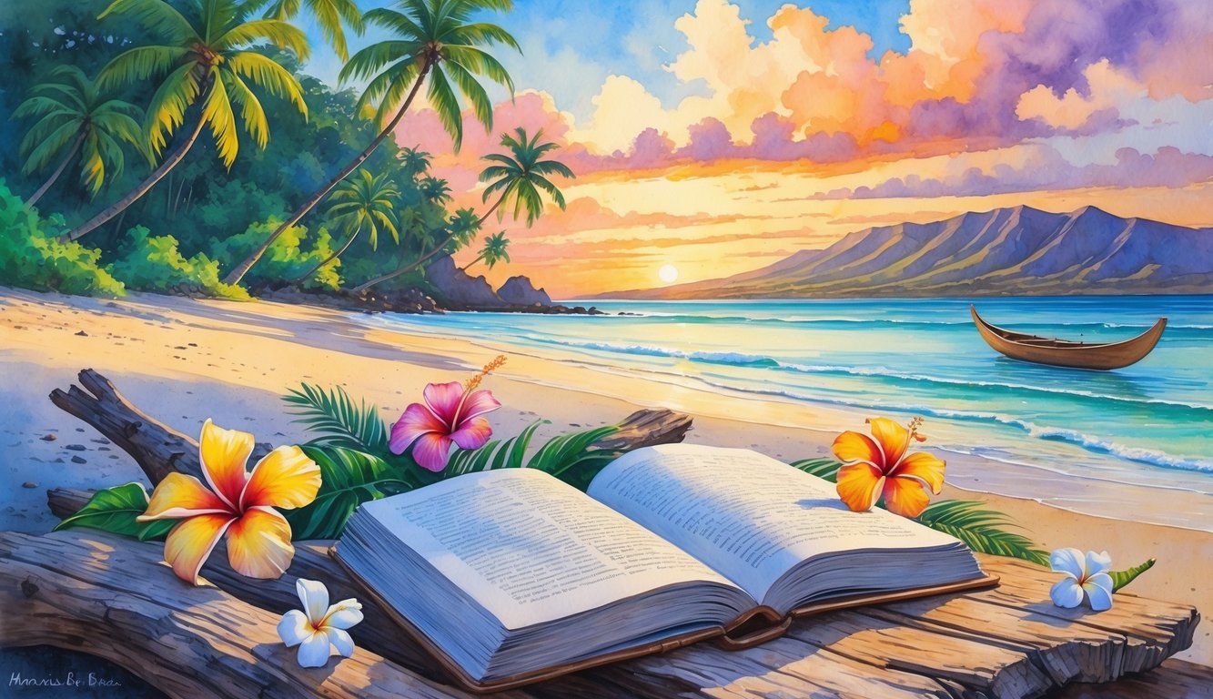 A peaceful Hawaiian beach at sunset with an open book on a wooden table surrounded by tropical flowers, palm trees, ocean waves, a canoe, and distant mountains.