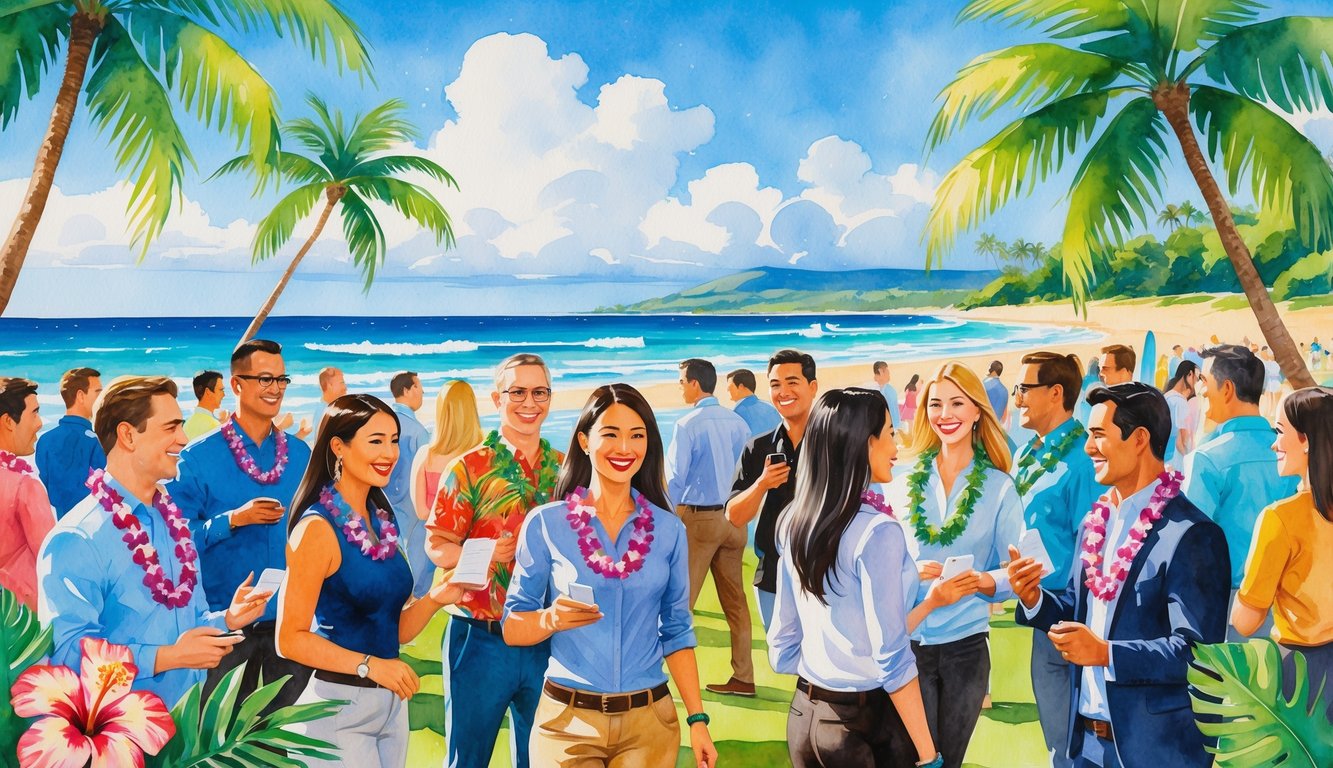 People socializing outdoors near palm trees and a beach with ocean waves in the background.
