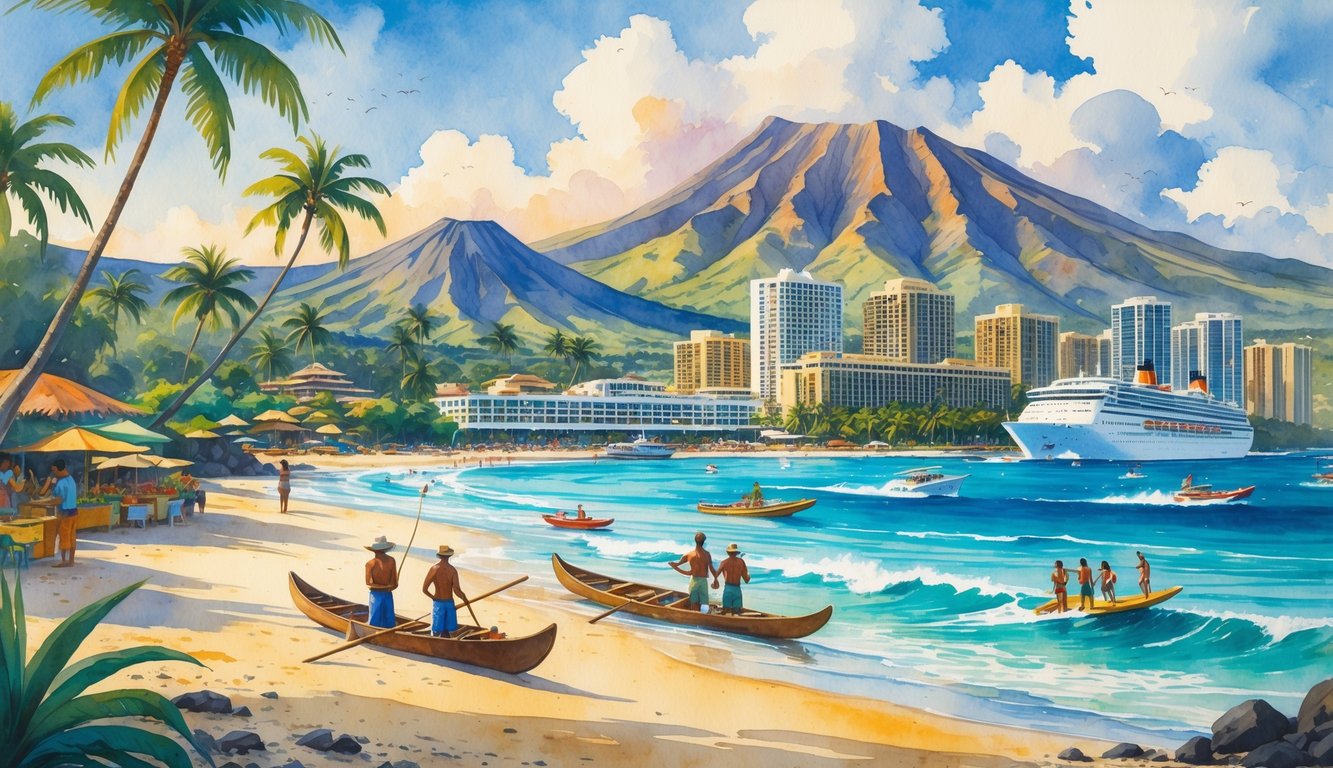 A Hawaiian landscape showing mountains, beach, fishermen in canoes, early tourists arriving by ship and plane, and modern hotels and resorts along the shore.