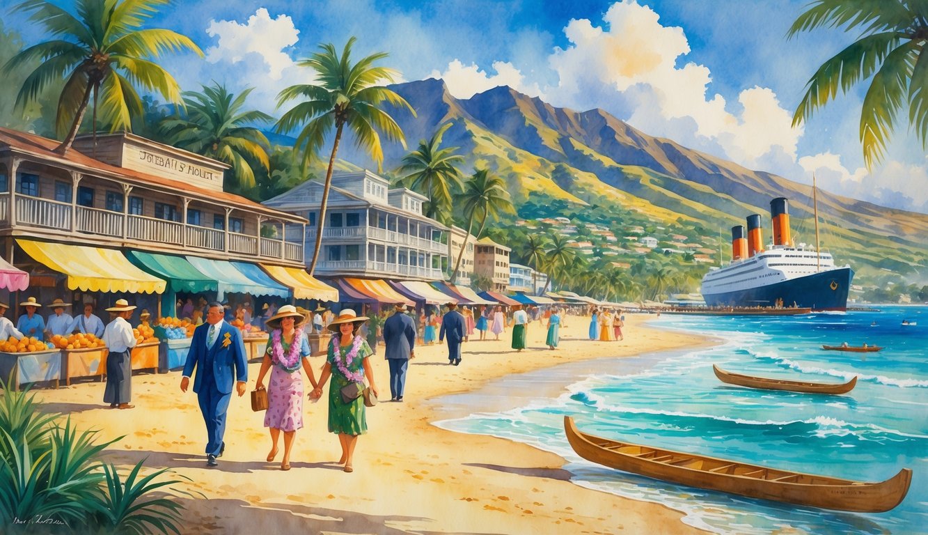 A busy Hawaiian beach scene from the early 1900s with tourists, palm trees, traditional boats, market stalls, and mountains in the background.