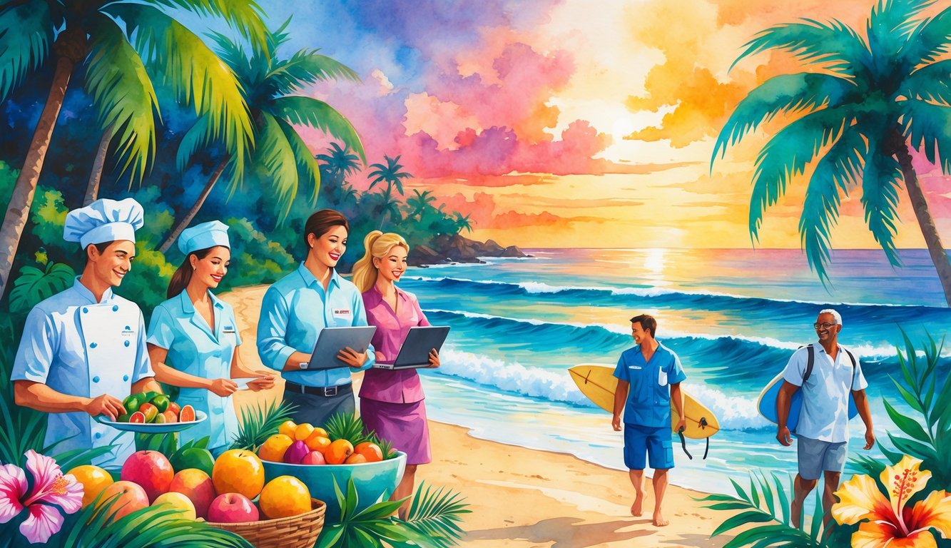 A diverse group of people working near a tropical beach with palm trees, flowers, ocean waves, and a colorful sunset.