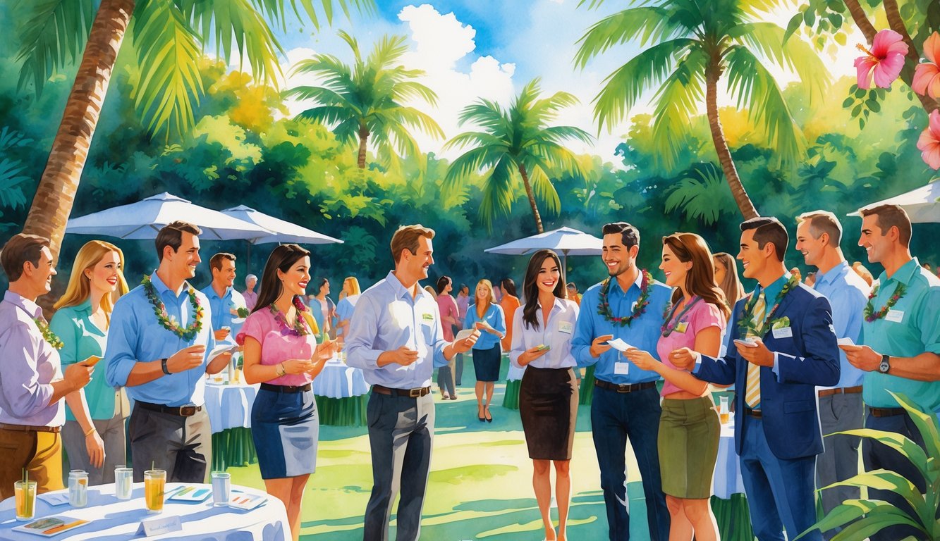 People talking and exchanging business cards outdoors surrounded by tropical plants and palm trees.