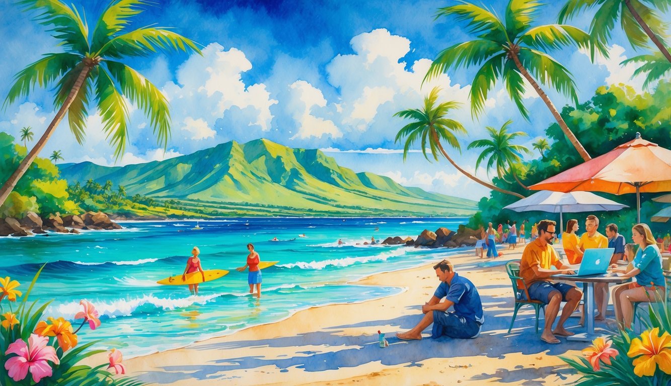 A beach scene with people enjoying the sun and ocean near palm trees and mountains, some working on laptops while others relax or surf.