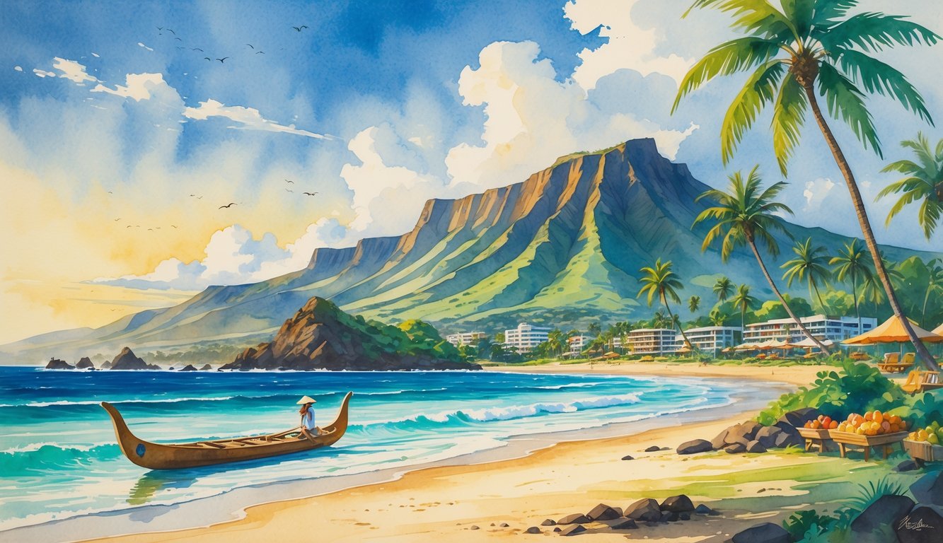 A Hawaiian beach scene with palm trees, mountains, a traditional canoe, tourists, small resorts, and local vendors, showing the island’s natural beauty and cultural heritage.
