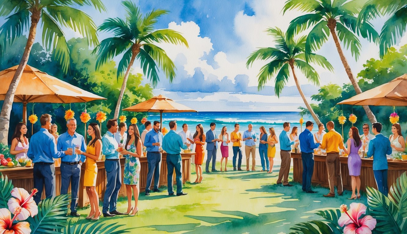 People socializing outdoors among palm trees and tropical plants near the ocean in a sunny Hawaiian setting.