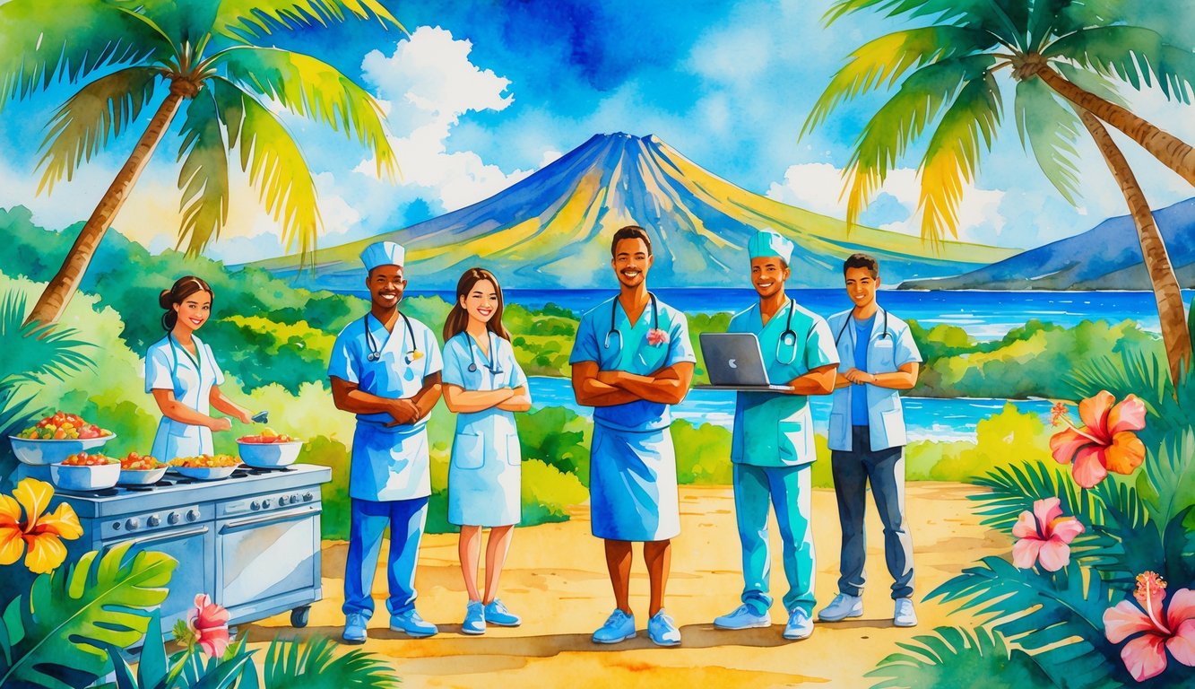 A colorful scene showing diverse workers in a tropical Hawaiian landscape with palm trees, flowers, and a volcano in the background.