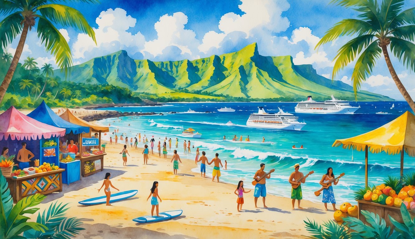 A lively Hawaiian beach with tourists, palm trees, mountains, market stalls, boats, and cultural elements like hula dancers and ukuleles.