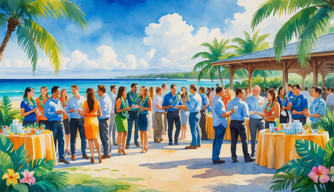 People talking and networking outdoors in a tropical Hawaiian setting with palm trees, flowers, and ocean in the background.