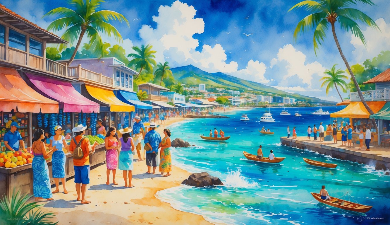A lively Hawaiian coastal town with local shops, vendors, tourists, palm trees, ocean, and people enjoying cultural activities by the shore.