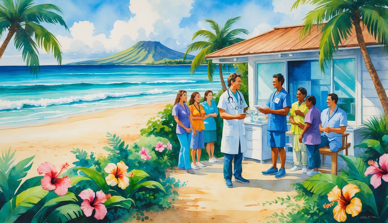 Healthcare professional interacting with diverse patients outdoors near a tropical beach with palm trees and a volcano in the background.