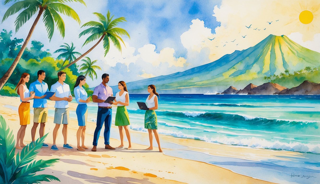 A group of diverse people on a Hawaiian beach with palm trees, ocean waves, and mountains in the background, symbolizing new opportunities.