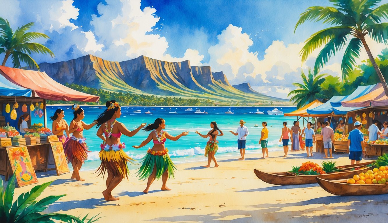 A Hawaiian beach scene with hula dancers, tourists, palm trees, volcanic mountains, and local market stalls showing cultural and economic activity.