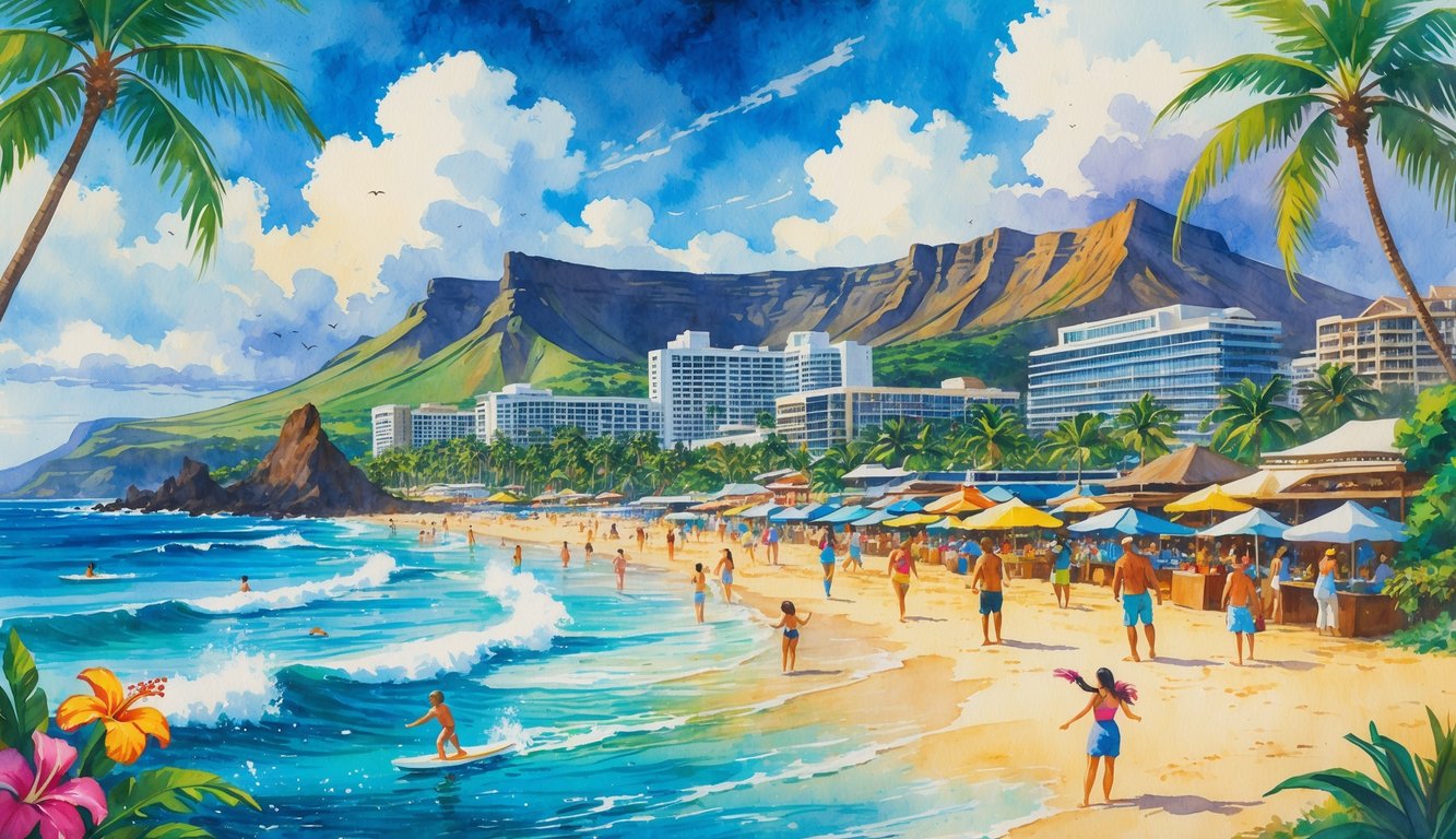 A busy Hawaiian beach with tourists surfing, dancing, and shopping, surrounded by palm trees, mountains, flowers, and a mix of modern hotels and historic buildings.
