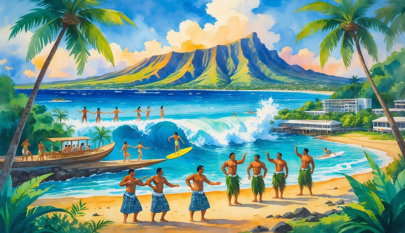 A colorful scene showing Hawaiian dancers, tourists surfing and snorkeling, volcanic mountains, palm trees, ocean waves, and a mix of traditional and modern elements in a tropical landscape.