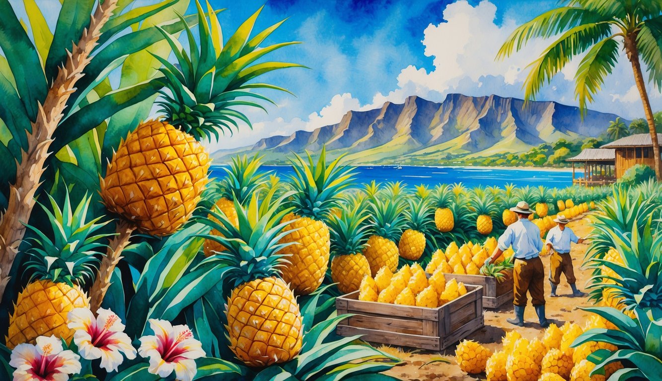A tropical pineapple field in Hawaii with workers harvesting pineapples, mountains and ocean in the background, and a wooden crate filled with pineapples in the foreground.