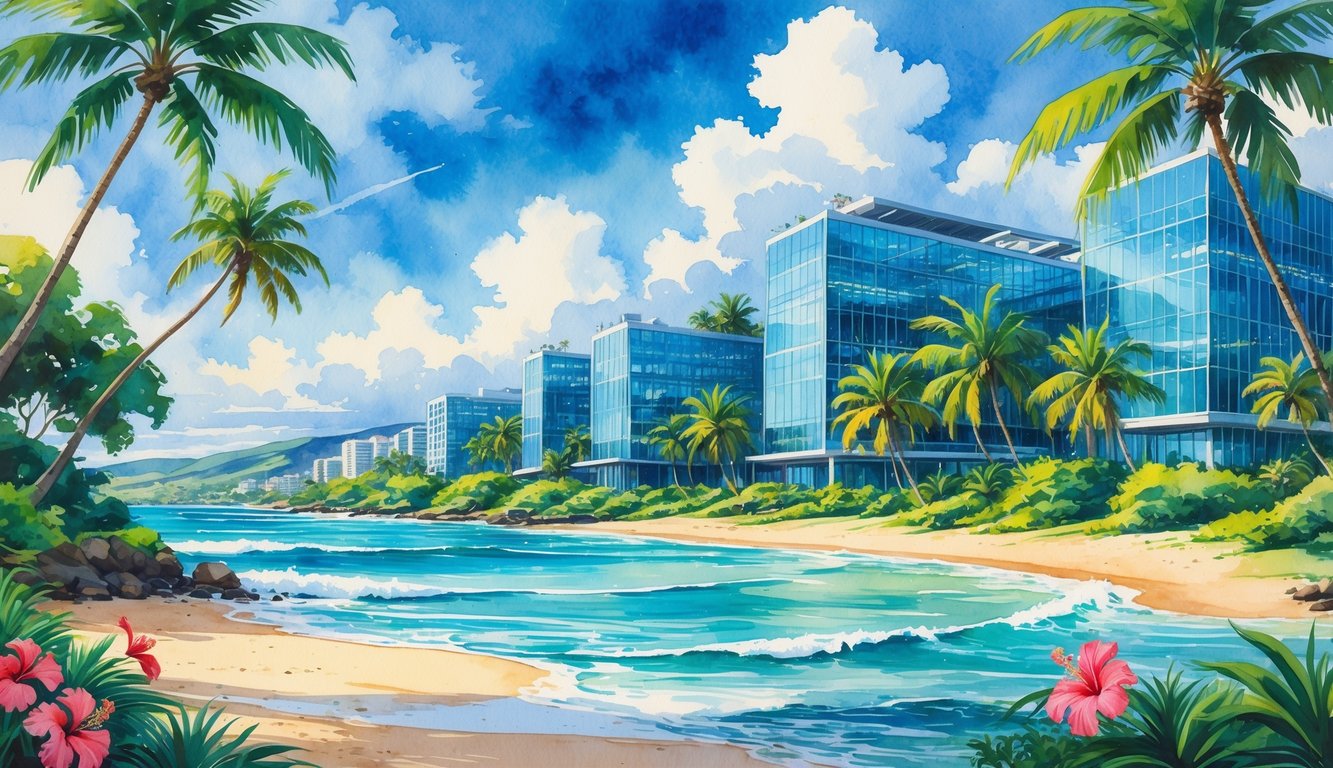 A tropical Hawaiian landscape with palm trees, ocean, beach, and modern office buildings surrounded by greenery.