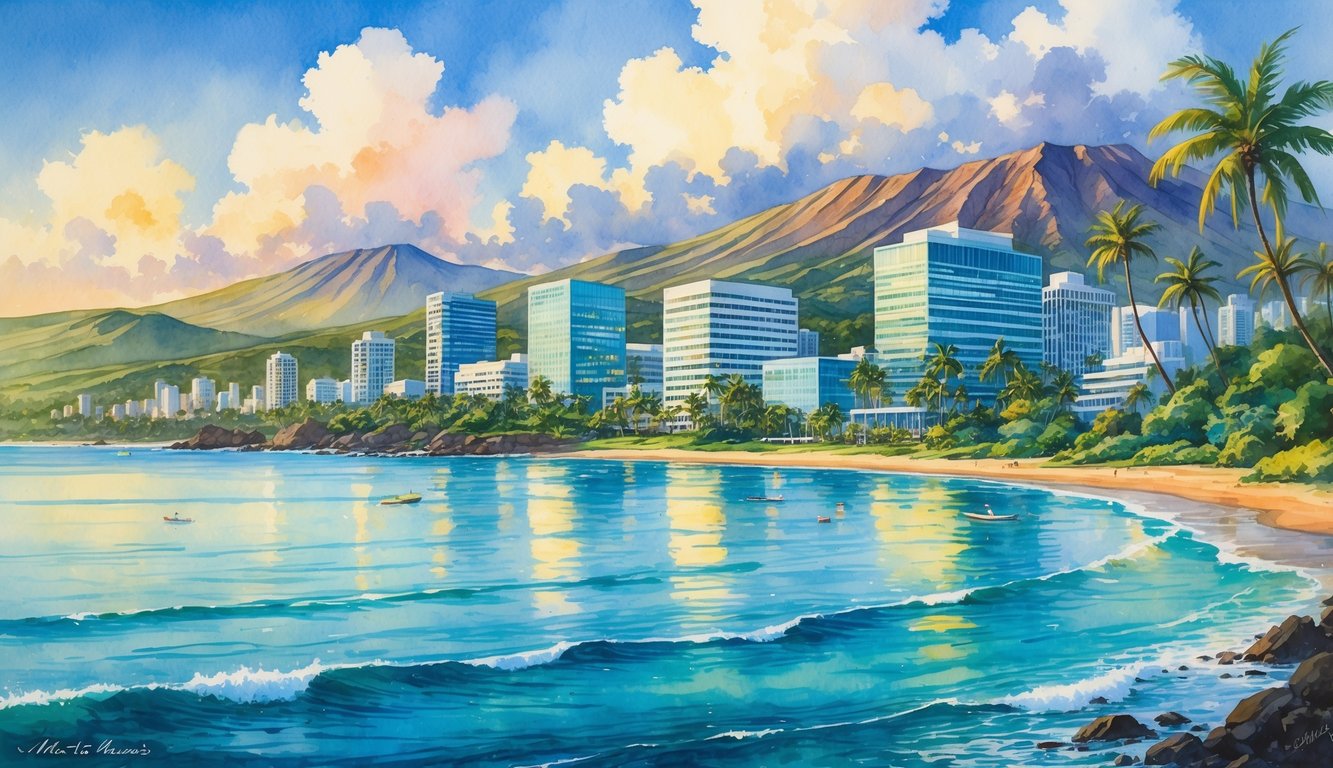 A coastal city in Hawaii with modern buildings, palm trees, mountains, and the ocean at sunrise.