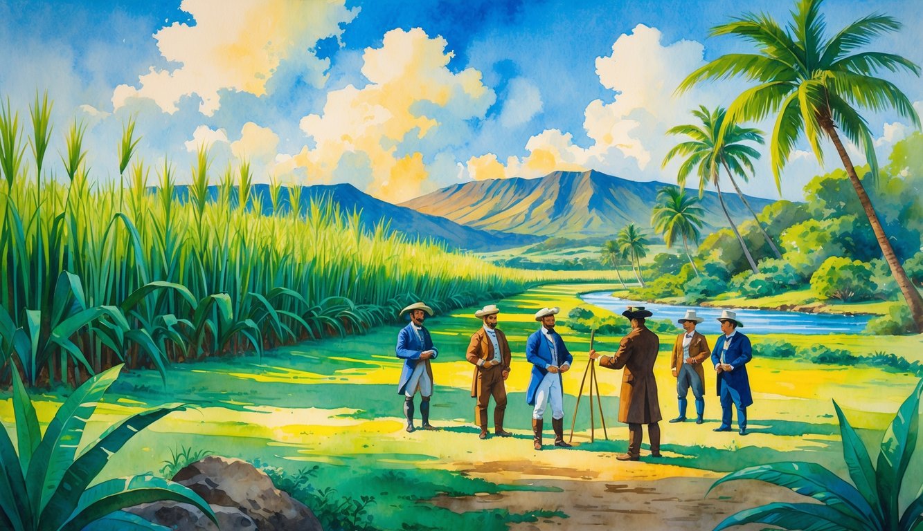 A scene showing people working in a Hawaiian sugarcane plantation with mountains, palm trees, and a river in the background.