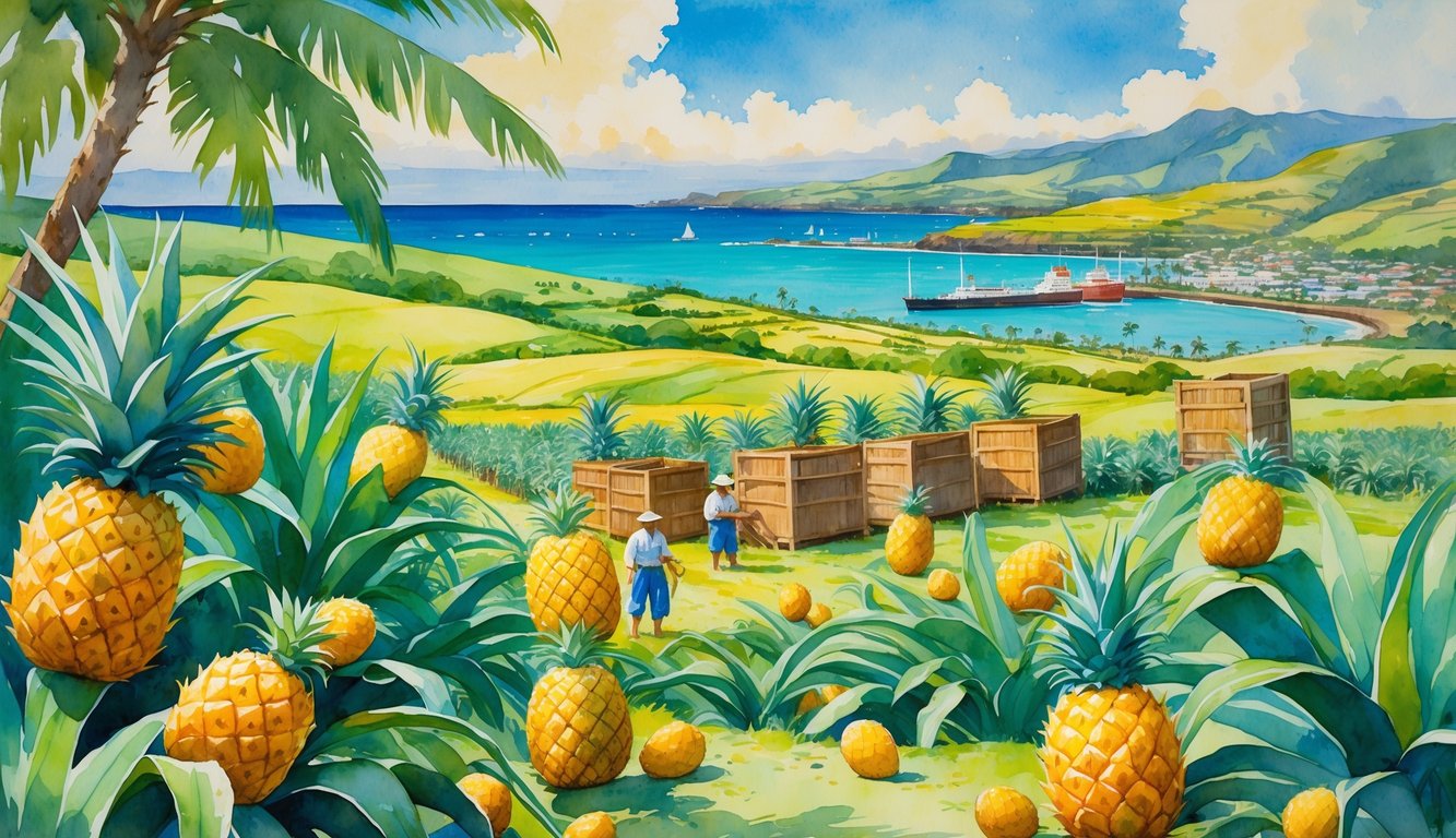 A Hawaiian landscape with pineapple plants, workers harvesting fruit, a plantation with crates, and a coastal town with docks and ships.