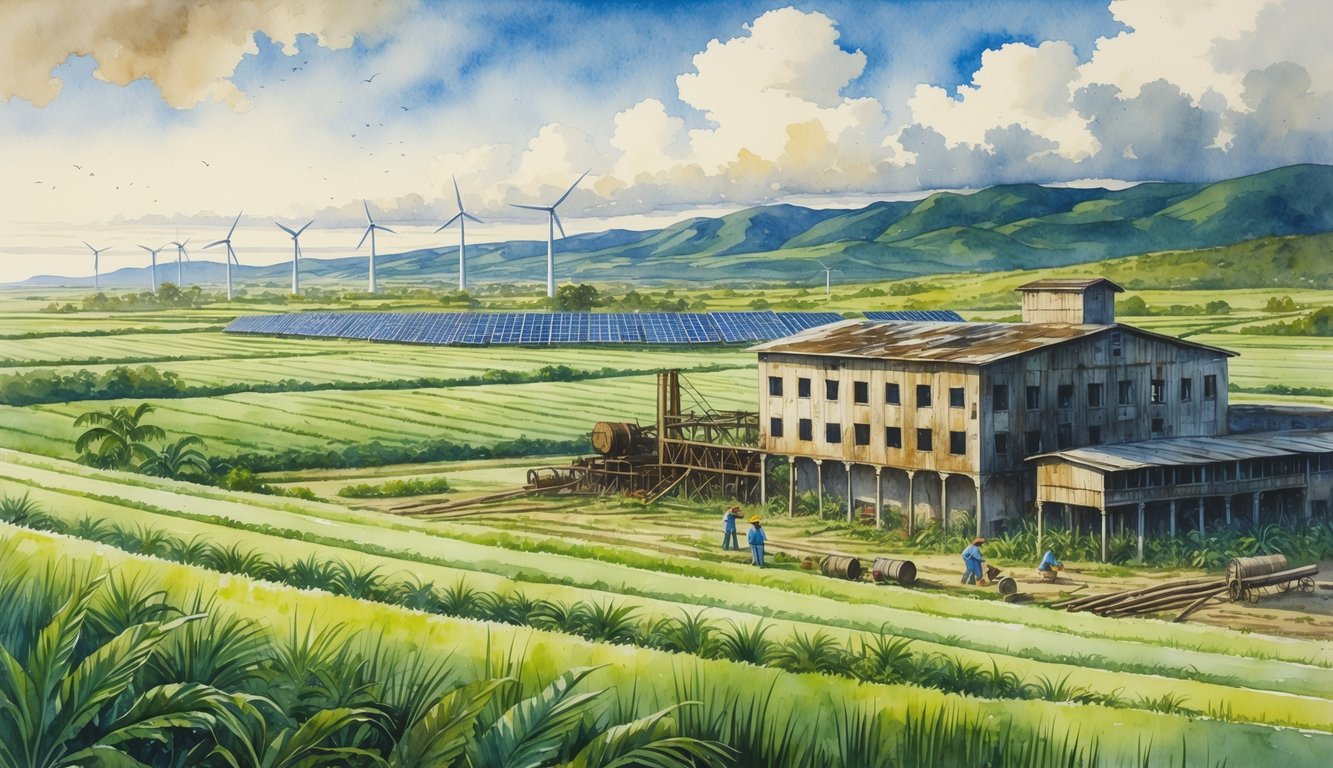 A Hawaiian landscape showing old sugarcane fields with an abandoned sugar mill, workers harvesting cane, and modern wind turbines in the background.