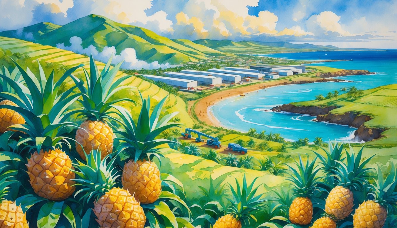 A Hawaiian landscape showing pineapple plants being harvested by workers, modern farming machinery, and a coastal town with factories and docks.