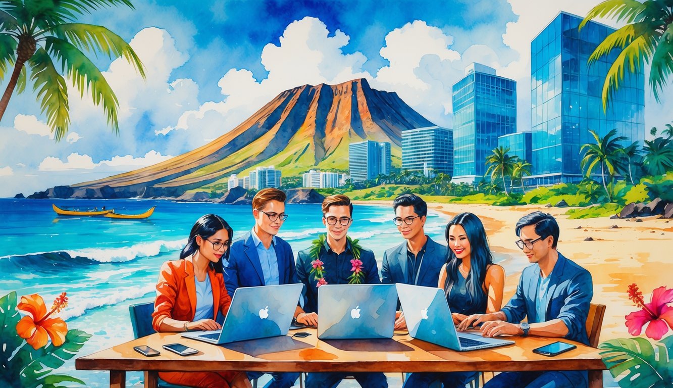 A group of people working with laptops outdoors near tropical plants and mountains by the ocean shore.