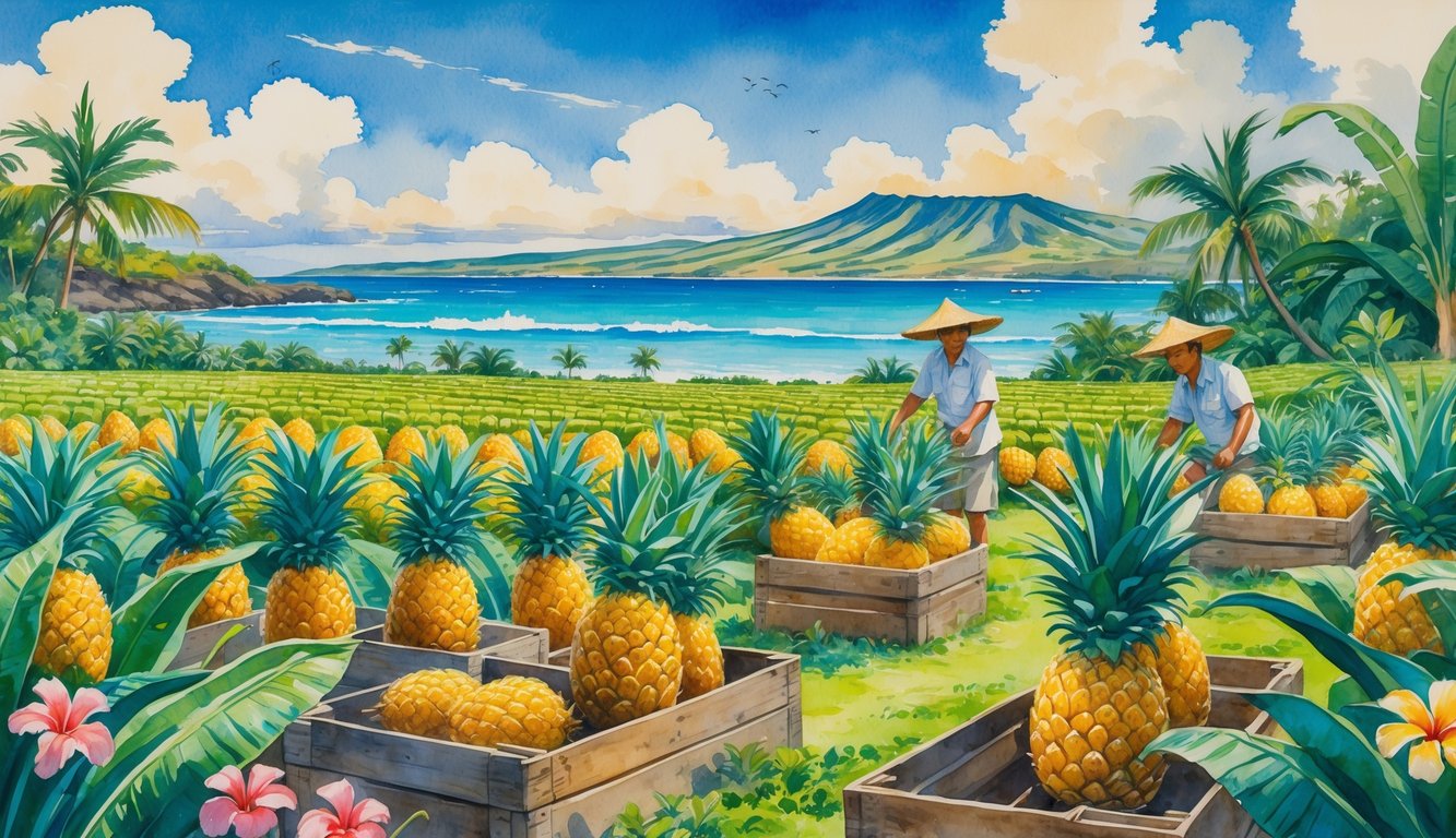 Tropical agricultural fields with pineapple plants, farmers working among diverse crops, mountains and ocean in the background.