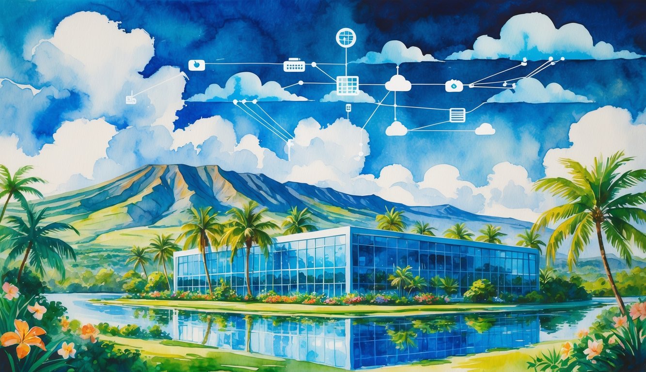 A Hawaiian landscape with a modern office building surrounded by palm trees and mountains, with clouds and digital symbols floating above.