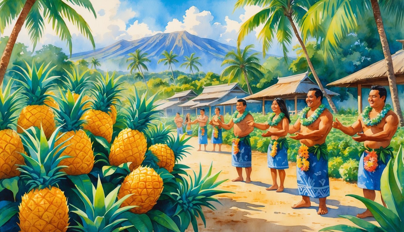 A Hawaiian pineapple plantation with people in traditional clothing welcoming visitors, surrounded by tropical plants, huts, and mountains.