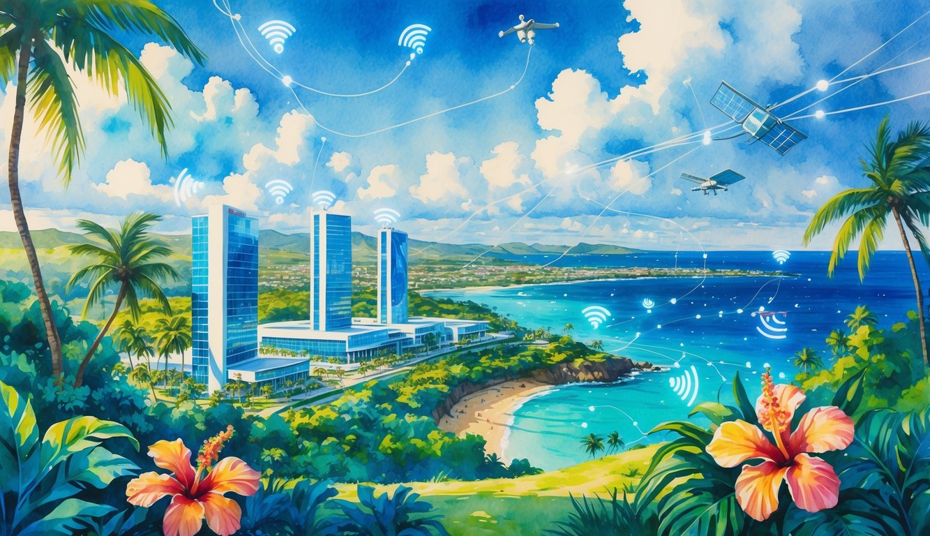 A Hawaiian landscape with tropical plants, modern buildings, and symbols of wireless communication and technology integrated into the scene.